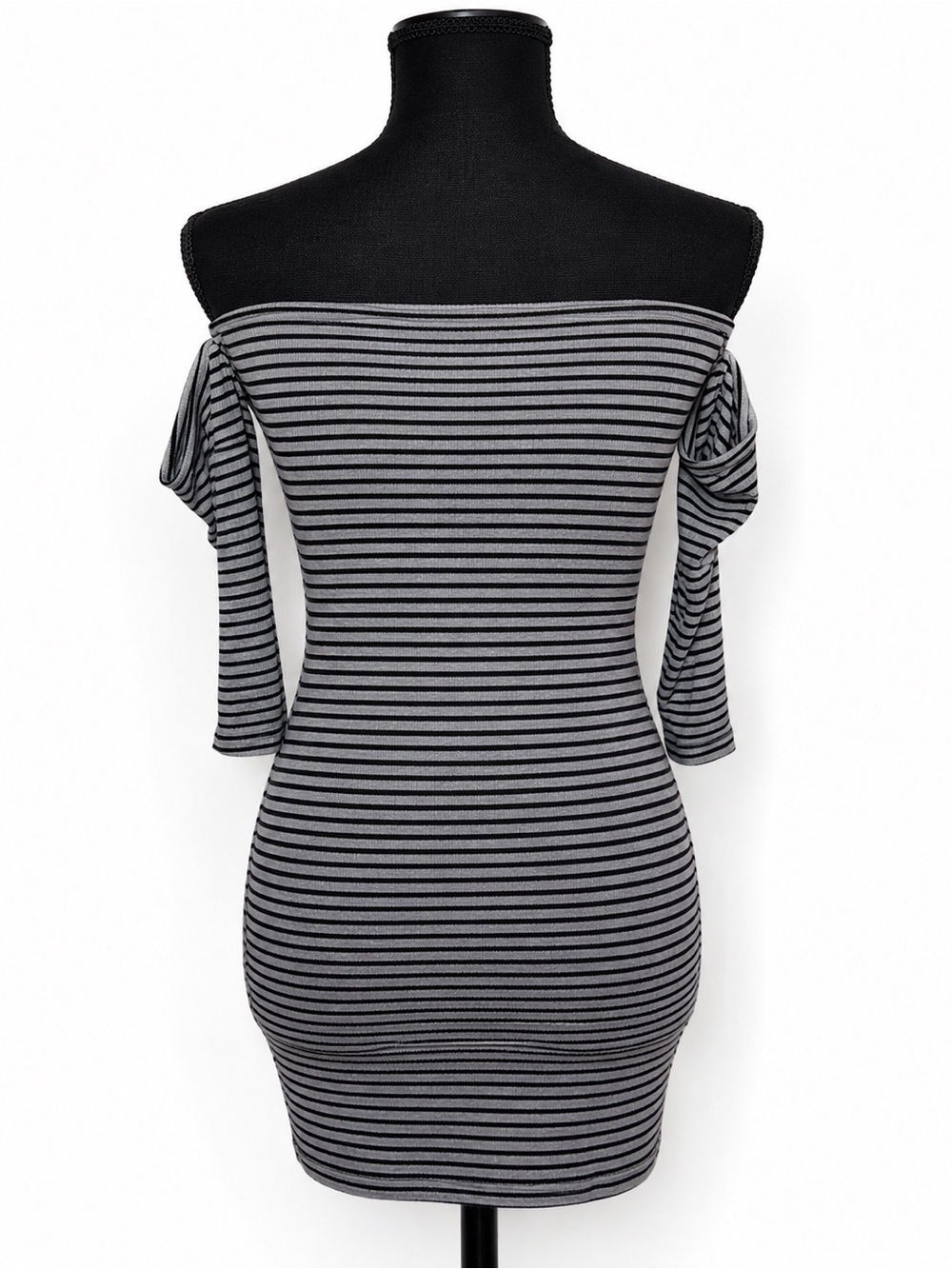 Fashion Nova Black & Gray Striped Off-Shoulder Bodycon Dress